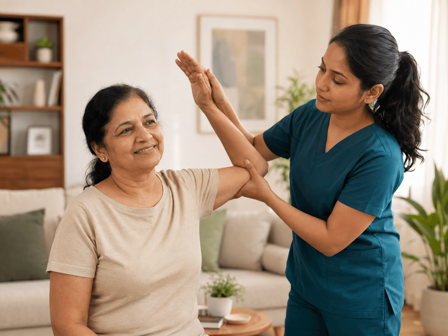 A PHYSIVA physiotherapist helping a patient with shoulder mobility at home